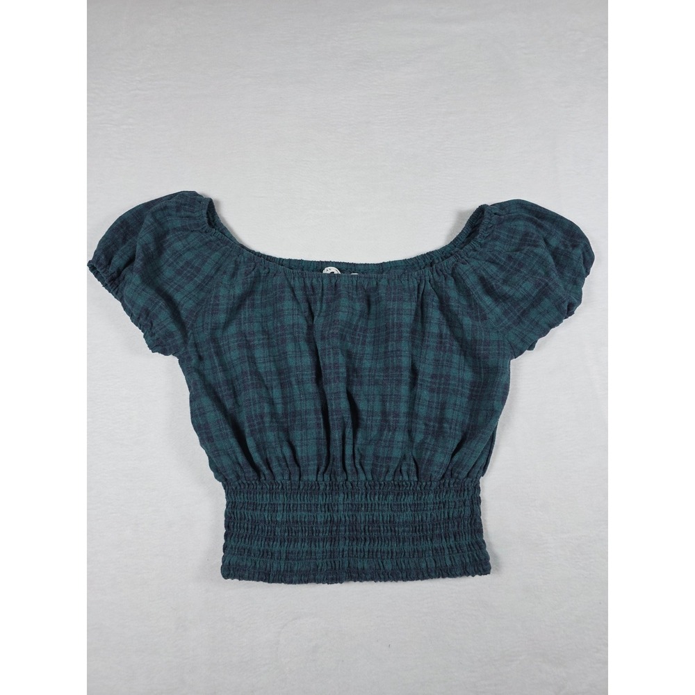 Aeropostale Plaid Smocked Crop Top Medium Teal Navy Cottagecore Puff Sleeve Boho